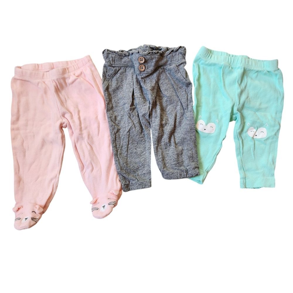 Carter's 100% Cotton Pants Lot of 3 Size 3 months Pink Footed, Gray, Mint Green